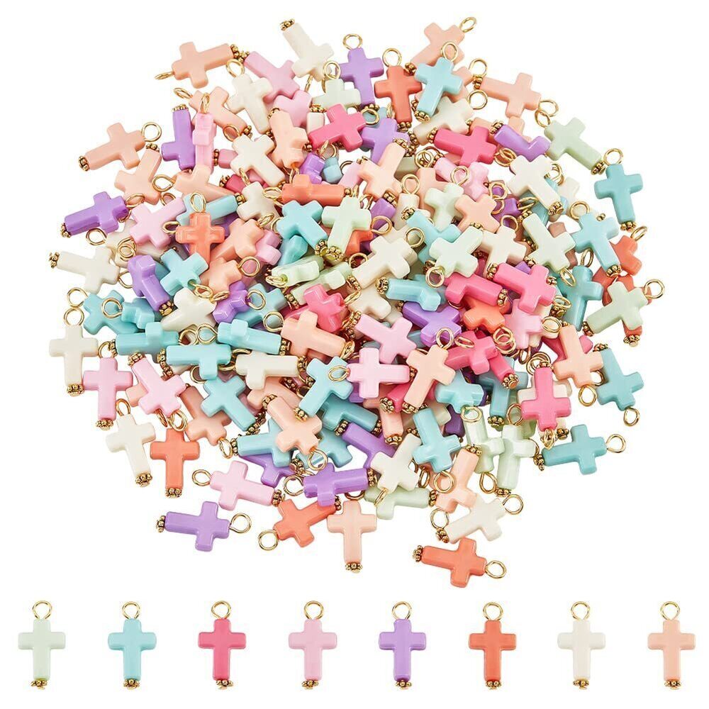 7655 About 200 Pcs Cross Acrylic Pendants, Random Colors Opaque Cross